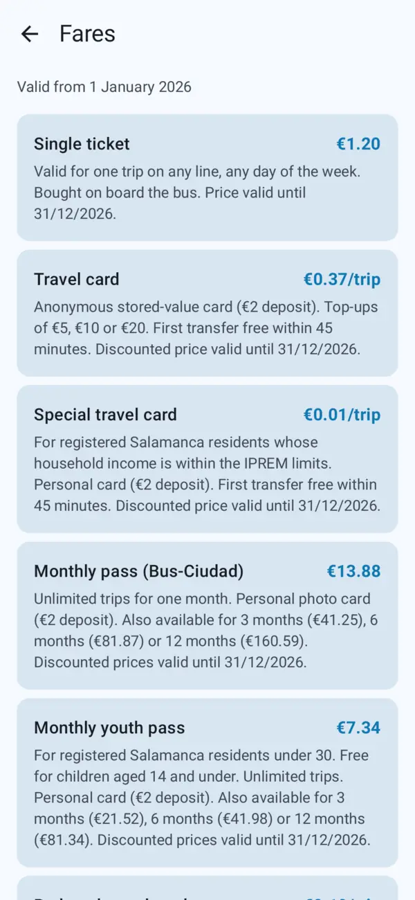 Fares screen