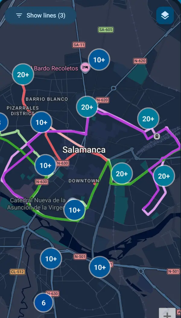 Map of Salamanca with several lines