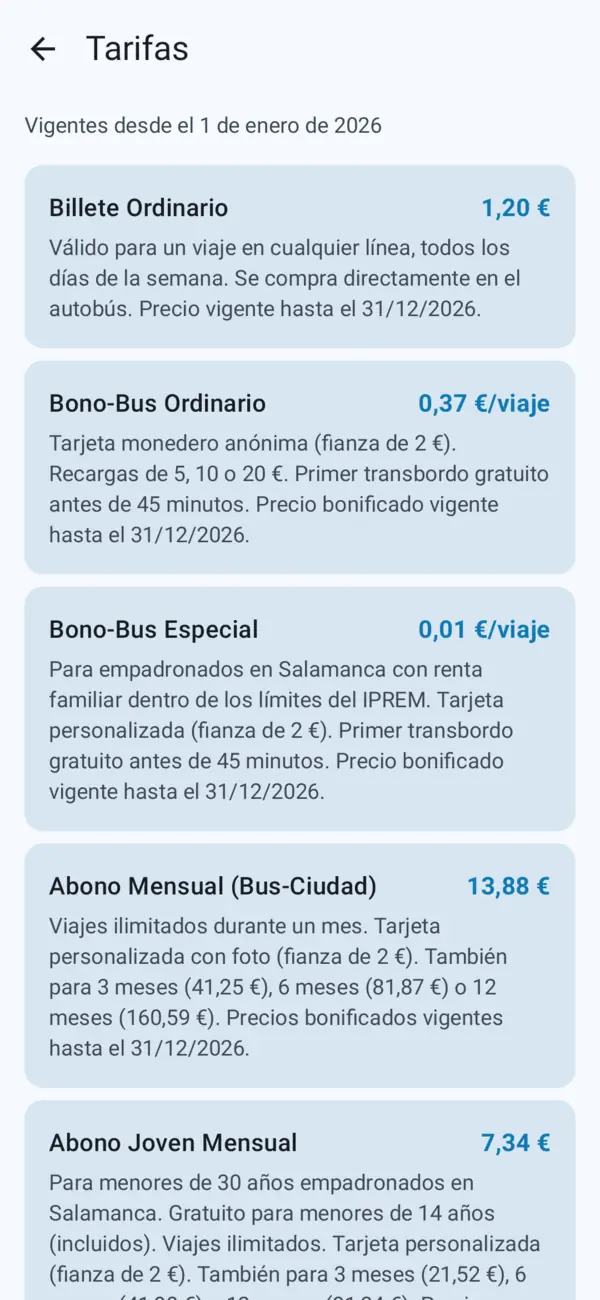 Pantalla de tarifas